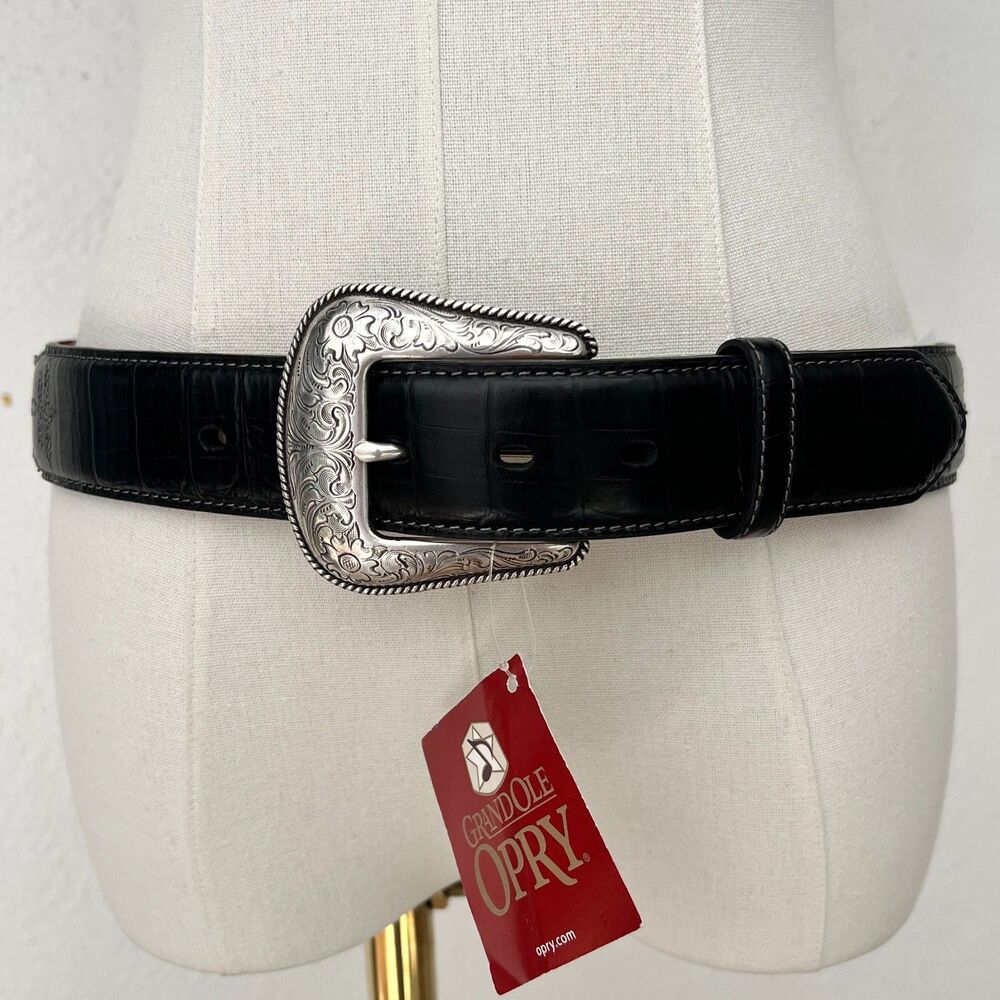 NWT Nocona Black Genuine Leather Croc-Embossed Belt Big Silver Buckle Size 32"